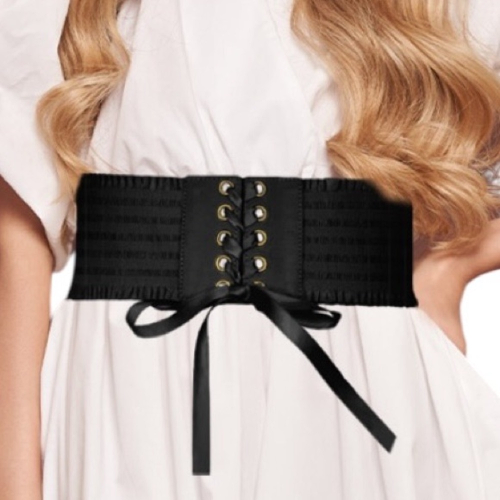 Wide Corset Lace Up Stretch Elastic Belt Black and Gold Ruffle & Ribbon Accent